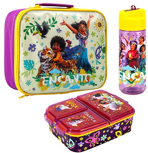 Zawadi Global Encanto - Juego de lonchera para niños, bolsa de almuerzo aislada, lonchera multicompartimento y botella de agua de 540 ml, juego de comida para viajes escolares, sin BPA