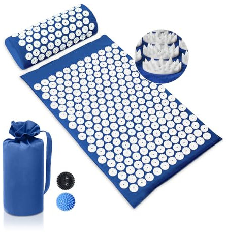 BULZEU Akupressurmatte mit Kissen,Akupressur Set gegen Nacken und Rückenschmerzen,Akupunkturmatte Acupressure Mat Massagematte zur Wohltuenden Entspannung und Massage,mit 2 Massagebälle(Blau)