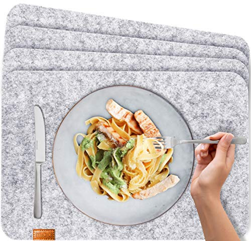 MIQIO® Design Filz Tischset abwaschbar | Mit Marken Echtleder Label | Platzsets abwaschbar | hellgrau Graumeliert | Filzmatte Platzdeckchen abwischbar (Set für 8 Personen)