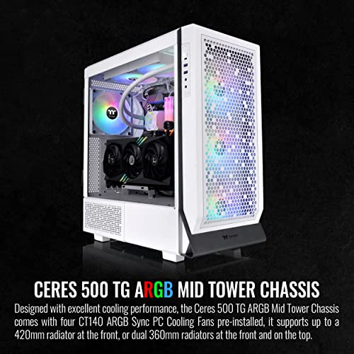Thermaltake Ceres 500 Snow Edition Mid Tower E-ATX Computer Case with Tempered Glass Side Panel; 4 Preinstalled PWM ARGB Fans; Rotational PCIe Slots & GPU Holder; CA-1X5-00M6WN-00; 3 Years Warranty