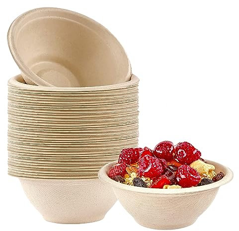 50pcs Strong Disposable Paper Bowls - 8oz 220ml Sugarcane Bagasse Bowls, Brown, Super Rigid, Biodegradable & Compostable, Perfect for Parties, Soups & Desserts