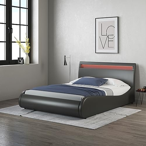 SlumberWorx ORION FAUX LEATHER LED LIGHTS HEADBOARD BED FRAME - SINGLE, SMALL DOUBLE, DOUBLE IN BLACK/WHITE (Black, Small Double)