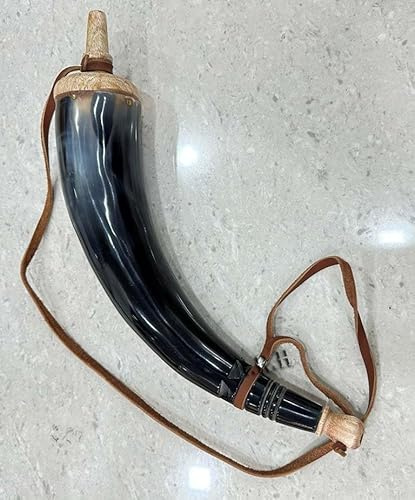 Cuerno de pólvora de Pistola Negra con Correa de Cuero marrón y Tope de Madera Seguro