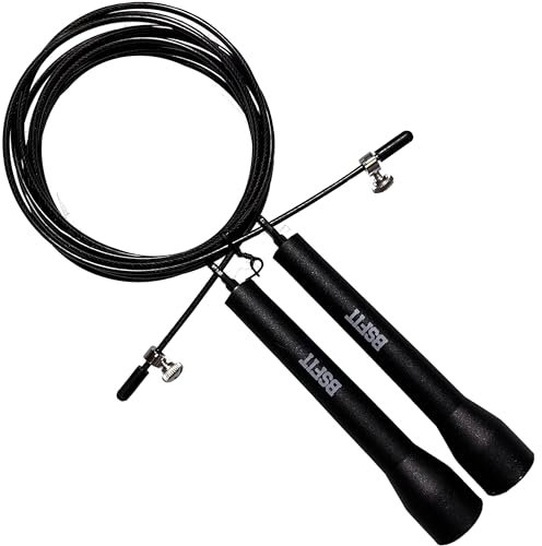 BSFIT® Cuerda de Saltar | Comba Profesional para Fitness y Boxeo | Ideal para Cardio, Entrenamientos de Velocidad y Cross Training | Duradero y Ligero con Alta Adaptabilidad. (MANGO PLÁSTICO NEGRO)