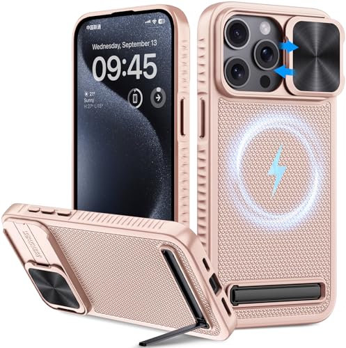 Vihibii for iPhone 15 Pro Max Case Compatible with MagSafe, Built-in Kickstand & Slide Lens Cover, Military-Grade Drop Protection Rugged Hard Magnetic Phone Case for iPhone 15 Pro Max 2023, Rose Gold