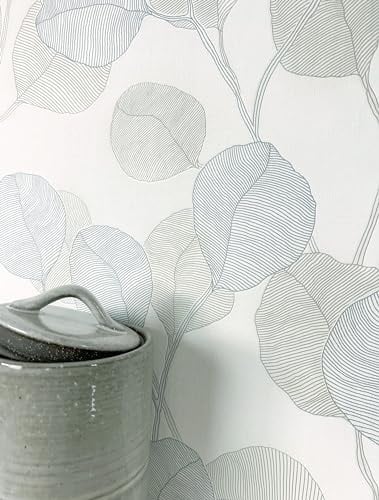 Newroom Vliestapete Weiß Blätter Tapete Skandinavisch Wohnzimmer | Feine Leinenstruktur, Blätter als Konturzeichnung, silbergraue Linienoptik, Mustertapete, Wandgestaltung, Schlafzimmer, Flur