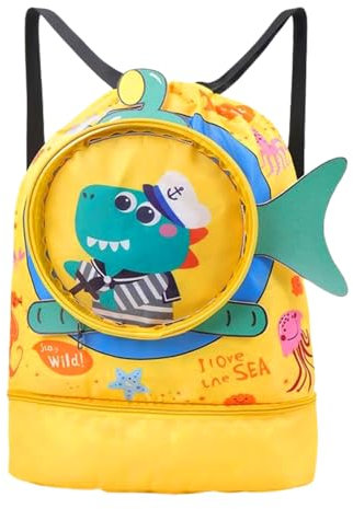 Rayson Bolsa de playa para niños Mochila Cuerdas Niños Bolsa Deporte con Cordón Linda Bolsa de natación Separación seca y húmeda impermeable,Cocodrilo amarillo
