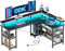 ODK Mesa Gaming con LED, 168×120cm Escritorio Gaming Reversible con 2 Enchufes y 2 Puertos USB, Escritorio Esquinero Grande con Estante de Malla, Negro