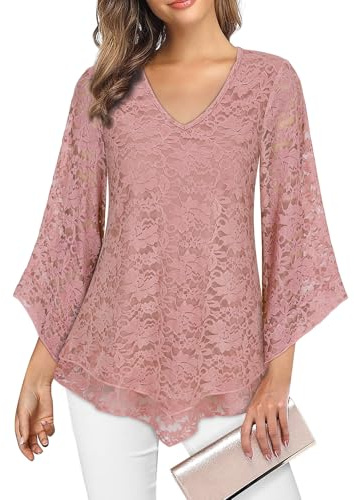 Gemulate Chiffon Tops for Women UK Ladies Evening Tops Ruffle 3/4 Sleeve V Neck Chiffon Overlay for Women UK Blouses Shirts Floral Double Layered Top - Pink Lace Floral, XL
