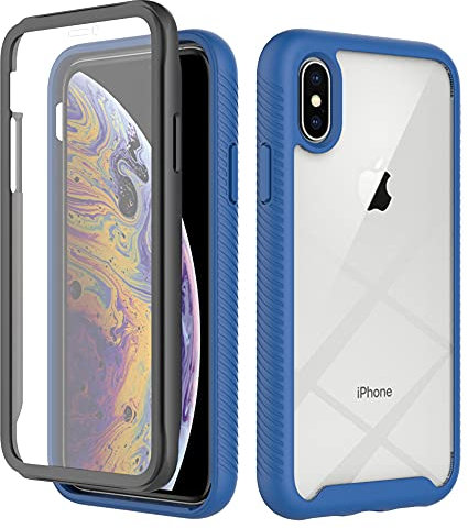Knoowcase compatible with iPhone XS Case iPhone X Phone Case Built-in Screen Protector Phone Case Shockproof Full Body Protection Rubber Bumper Stylish Clear Rugged Back Shell Case, Blue