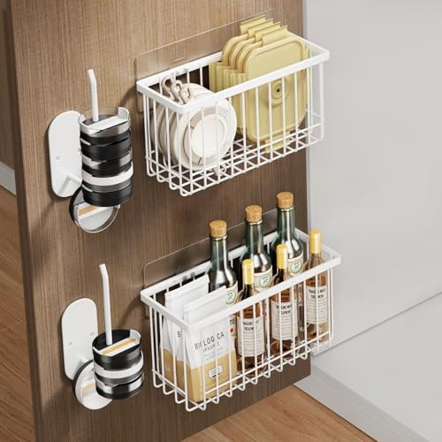 Mustorn 4 Pack Kitchen Cabinet Door Storage Box, Adhesive Cupboard Organiser Storage Wall Mounted Food Container/Tumbler Cabinet Organiser Cup Lids Holder for Kitchen & Bathroom(White)