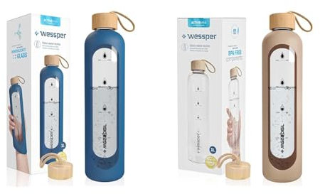 Wessper Bouteille d'Eau de Motivation 1L en Verre avec Temps Horaire, Sans BPA, Gourde