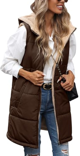 Tuopuda Gilet Donna Lungo in Pile, Smanicato Invernale con Cappuccio, Cappotto Senza Maniche Termico Giubbotto Imbottito Giacca con Cerniera e Tasche, Marrone, XXL