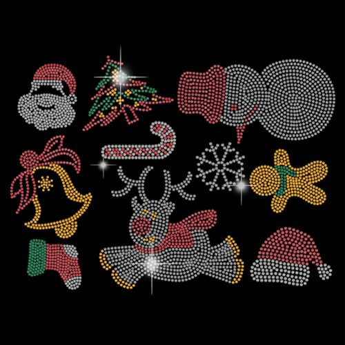 SUPERDANT Weihnachten Bügeln Strass Transfer 10 Muster Weihnachtstag Kristall Wärmeübertragung Designs Schneemann Weihnachtsmann Glitzer Heiß Fix Bügeltransfer Aufkleber Für Kleidung Tasche DIY