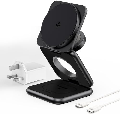 KU XIU X40Q 3-in-1 Wireless Charging Station, Qi2-Certified 15W Fast Wireless Charger for iPhone 16/15/14/13/12, 5W for Apple Watch & AirPods 4/3/2 Pro, Portable Foldable Design - Black