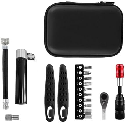 Fahrrad-Reparaturwerkzeug, Ratschenreparatur-Set Werkzeug, Fahrrad Zubehör, mit Ratsche, Set mit Schraubenköpfen, 2 Reifenhebeln, Mini-Pumpe (mit Presta- und Schrader-Ventilen)
