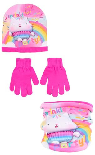 Gabby's Dollhouse Herbst/Winter Mütze + Schal + Handschuhe Set, für Mädchen (Fuchsia, 54)