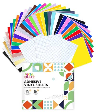 UCEC Smart Permanent Vinyl for Cricut Joy Xtra, 32 Assorted Colors Adhesive Vinyl & 3 Transfer Films for Cricut Machine, Self Adhesive Vinyls 24 x 30.5 cm, Ideal for Cars, DIY Cups, Decoration, 35 Pcs