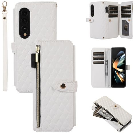 Asuwish Phone Case for Samsung Galaxy Z Fold 4 5G 2022 Wallet Cover and Zipper Card Holder Slot Cell Accessories Wrist Strap Lanyard Stand Flip Leather ZFold4 Z4 Fold4 4Z ZFold45G G5 Women Men White