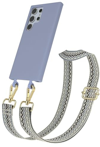 EAZY CASE - Hülle mit Band kompatibel mit Galaxy S24 Ultra Handyhülle für Galaxy S24 Ultra Schutzhülle Silikonhülle mit Handykette zum Umhängen 2in1 Hülle Handykordel Wellen - Beige Blau Metall Gold