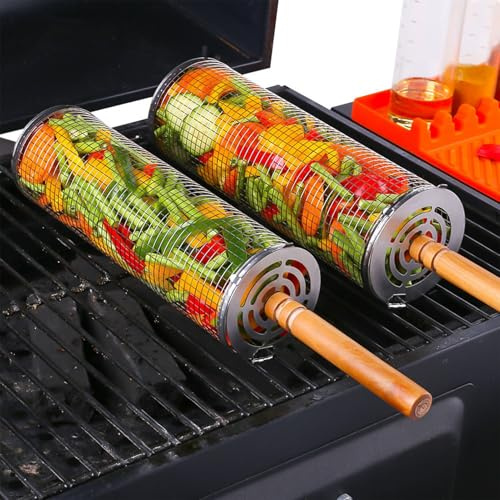 Rolling BBQ Grillkörbe 2pcs, Mit Holzgriff, Gabeln Und Haken, 304 Edelstahl, Tragbare Nistgurts -Tools, Grillenzubehör, Camping Im Freien, Gemüse, Garnelen (2 x Rund)