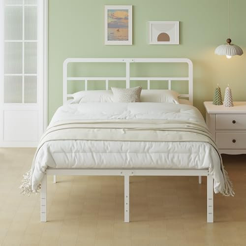 Lutown-Teen Small Double Bed Frame with Curved Headboard, Heavy Duty 4ft Bed Frame 46 cm High with Steel Slats, Under-bed Storage, Easy Assembly, Noise Free, White