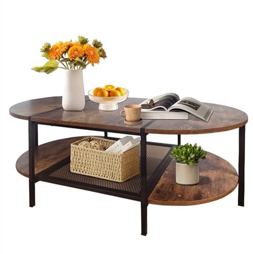 Couchtisch Oval Holz, couchtische fürs Wohnzimmer mit Stauraum, Metall Couchtisch Modern 2-StöCkiges Regal, Nussbaum Wohnzimmertisch Kaffeetisch für Wohnzimmer, Beistelltisch Holz Vintagebraun