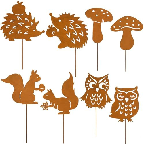 Lot De 8 Piquets De Jardin En Rouille , 25 cm, Avec Hérisson, Chouette, Champignons, Fiche Rouille Des Deux Côtés, En Métal Pour Intérieur, Pot De Fleurs, Terrasse, Cadeau Pour La Fête Des Récoltes