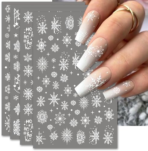 Celblisora 4 Bögen Große Schneeflocken-Nagelaufkleber,Selbstklebende 3D-Nagelkunst-Aufkleber für Weihnachten,Weißes Schneemann-Weihnachtsmann-Elch-Design