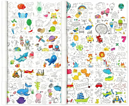 12 Rollen Zeichenpapier für Kinder (30x90 cm) – 10.8 Meter langes, schneidbares Kritzelpapier mit 12 verschiedenen Motiven zum Ausmalen. Ideal für kreative Kinderbeschäftigung. (12)