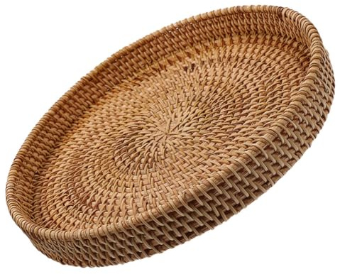FESTFENDS Großes Rundes Serviertablett aus Rattan 30cm Flacher Korb für Küchenregal Organizer und Snackpräsentation