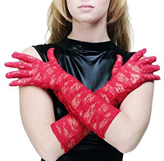 dressmeup Karneval Cosplay Burlesque Handschuhe Netzhandschuhe Spitze Spitzenhandschuhe Lang Rot Z075