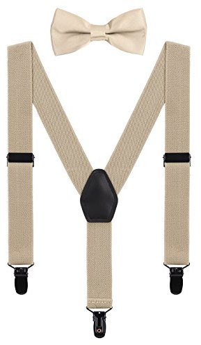 WANYING Baby Kleinkind Jungen Mädchen Hosenträger Fliege Set für 1-5 Jahre Kinder 3 Clips Y-Form Hosenträger Elastisch und Verstellbar - Beige