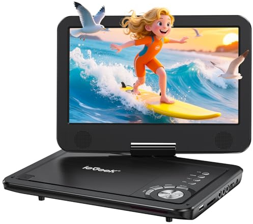 ieGeek Lettore DVD portatile da 12,5 pollici con display girevole a 360°, batteria ricaricabile da 2500 mhA, supporto per scheda SD e streaming USB diretto, riproduzione loop, colore: nero