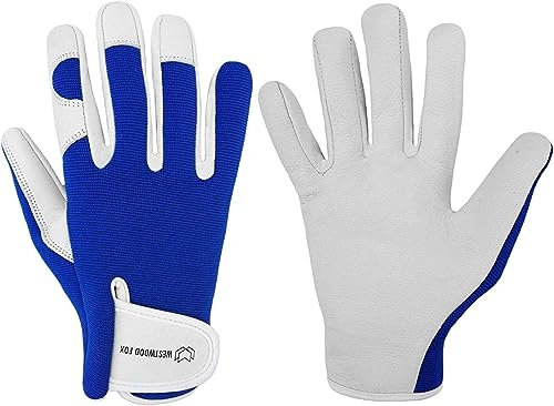 WESTWOOD FOX Arbeitshandschuhe Herren Leder Schnittfeste Handschuhe für Garten Gartenhandschuhe Damen Dornensicher, Gartenhandschuhe Dornenfest Gartenarbeitshandschuhe (Blau, L)