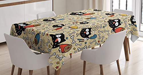 ABAKUHAUS Gekritzel Tischdecke, Hungry Eulen Essen, Schmutzabweisent mit Modernster Druck Technologie Waschbar Klare Farben, 140 x 200 cm, Beige Schwarz Weiß
