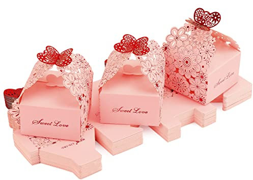 TsunNee 30PCS Hohlpapier-Bonbonboxen, Blumenmuster-Hochzeitsbevorzugungsboxen, Schmetterlingsmuster-Party-Geschenkboxen, Kreativpapier-Geschenkboxen (Rosa, 7 x 6,5 x 4 cm)