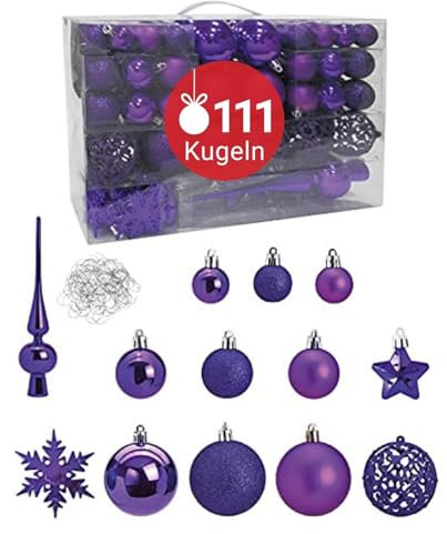 WOMA Christbaumkugeln Set Lila & 19 weiteren Farben - 111er Weihnachtskugeln Set inkl. Metallhaken - Weihnachtskugeln Kunststoff - Weihnachtsbaum Deko & Christbaumschmuck