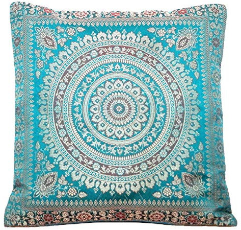 Ruwado Handgefertigt Türkis-Grün Dekokissen aus Indische Banarasi Seide - 40 cm x 40 cm | 16 x 16 Zoll. ***Handgewebt und handgenäht von Kunsthandwerkern aus Kaschmir-Indien (1. Türkis-Grün)