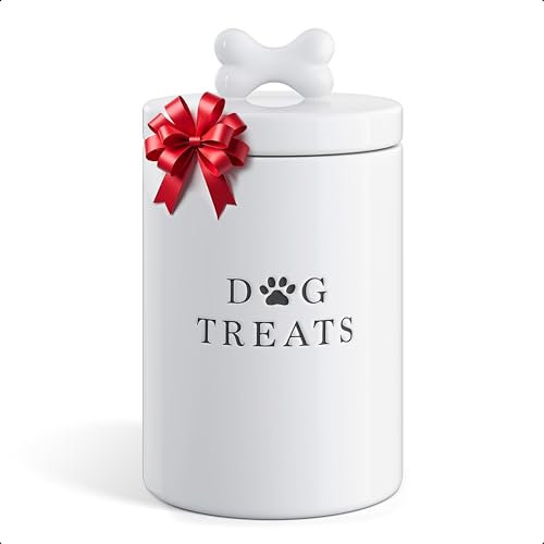 Barnyard Designs Dog Treat Jar, Large Ceramic Airtight Canister with Lid, Rustic Farmhouse Pet Food Storage Container Holder for Cookies, Biscuits, and Snacks, White, 13.5 x 23cm