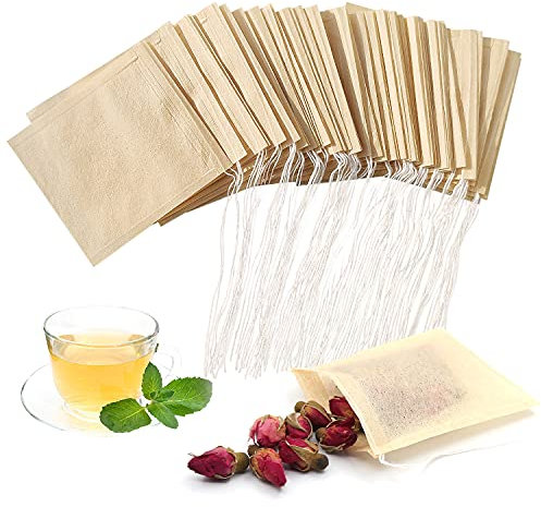 SumDirect Disposable Tea Filter Bags - 7x8cm Small Empty Paper Unbleached Biodegradable Pouches with Drawstring for Loose Tea, Coffee Grounds, DIY Herbal Tea Bags (Original Color, 100PCS)