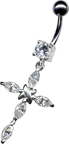 Jesus Christus Kreuz Gott christlich Weiß Bauchnabelpiercing ECHT SILBER 925er & ZIRKONIA KRISTALLE Titan G23 Titanium Bauchnabel Piercing Banane Barbell Bauch Stecker Nabelpiercing 1.6 x 10mm