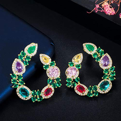 SALAN Zirconi Unico Design A Foglia di Fiori Eleganti Orecchini di Smeraldi Verdi Rotondi Grandi Placcati Oro Giallo per Regalo di Gioielli da Donna