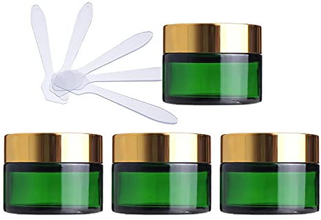 ZEOABSY 4 Pièce Petits Pots en Verre 30ml Vert Bocaux en Verre Cosmétique avec Bouchon à vis Or Vides avec Bouchon Intérieur et 4X Spatule pour Crèmes Fait Maison,Poudres,Baume À Levrès