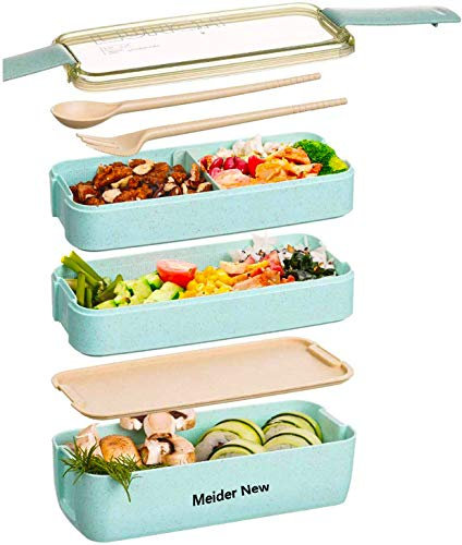 Japanese Bento Box Lunch Box,3-in-1 Compartment, Reusable Bento Lunch Box Meal Prep Containers with Fork, Spoon