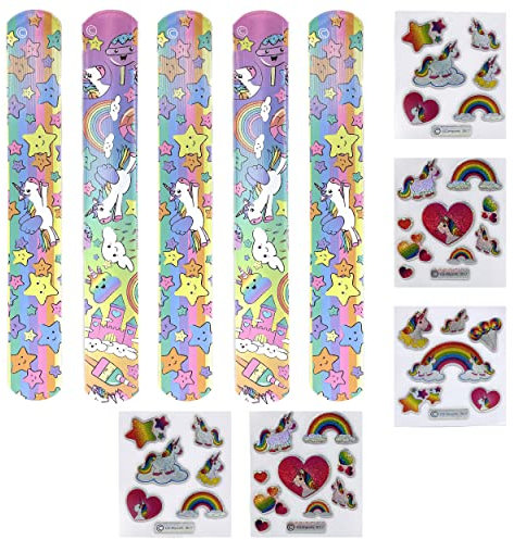 Einhorn Schnapparmband Sticker Set - Knickarmbänder und Aufkleber Unicorn 5er Set | Klatscharmband für Mädchen Kindergeburtstag Mitgebsel | Armband als Kinderparty Giveaway Gastgeschenk (5x Einhorn)