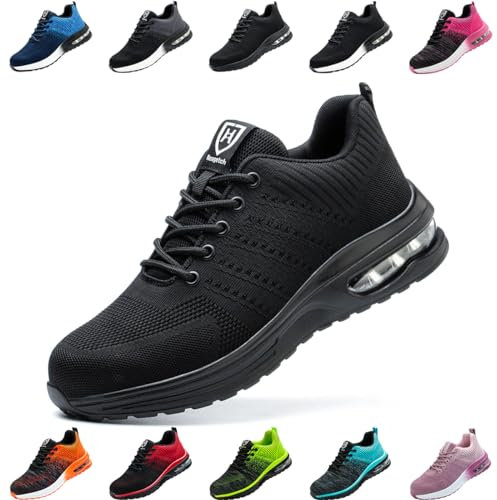 Zapatos de Seguridad Hombre Mujer Zapatillas Trabajo Ligero Comodo Calzado de Seguridad con Punteras de Acero Transpirable Antideslizante Negro EU 40