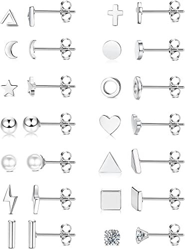MILACOLATO 14Paar Ohrstecker Klein Damen Herren Ohrringe Silber Edelstahl Mini Geometrische Kreuz Mond Herz CZ Rund Ohrstecker Set Knorpel Tragus Ohrringe Schmuck Mit Schmetterling Kugel Flacher Back