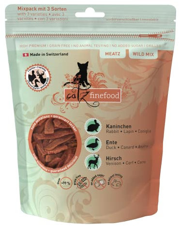 catz finefood Meatz Katzen Leckerlies Wild Mix - knusprige Streifen aus besonderen Fleischsorten - Katzensnack für Allergiker ohne Zucker, getreidefrei (1 x 45 g)