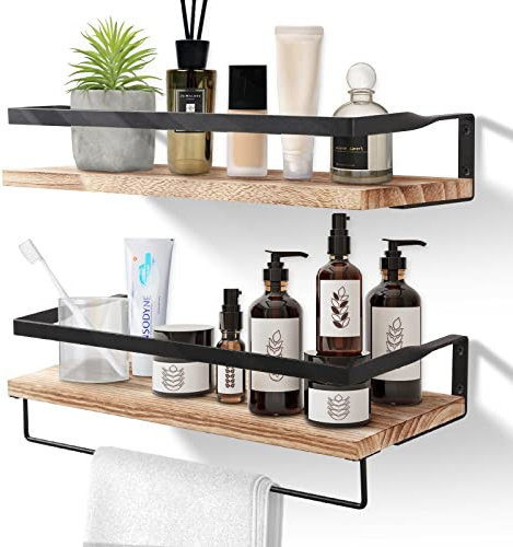 AGM Etagere Murale Lot de 2, Etagères Murales Flottantes en Bois, Porte-Serviettes et Crochets Amovible, Charge Maximale 15kg pour Salon, Chambre, Bureau, Salle de Bain, Cuisine
